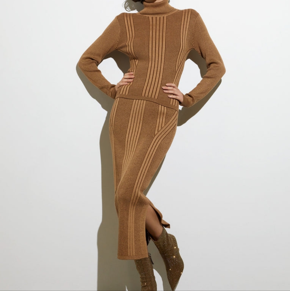 French Connection co-ord Set Rib-Knit Turtleneck Sweater & Skirt Brown sz M BNWT